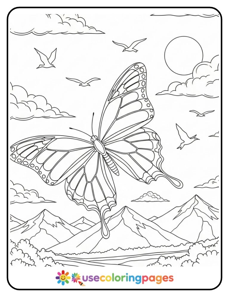 Butterfly Flying Over Mountains Coloring Page