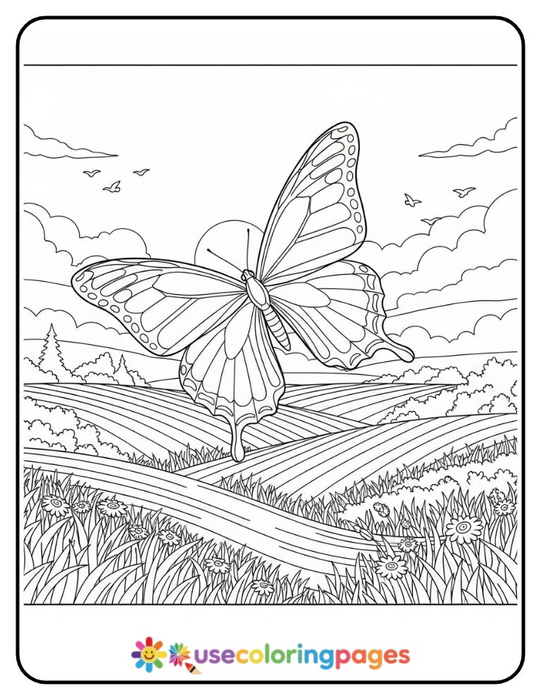 Butterfly Flying Over Peaceful Hills Coloring Page