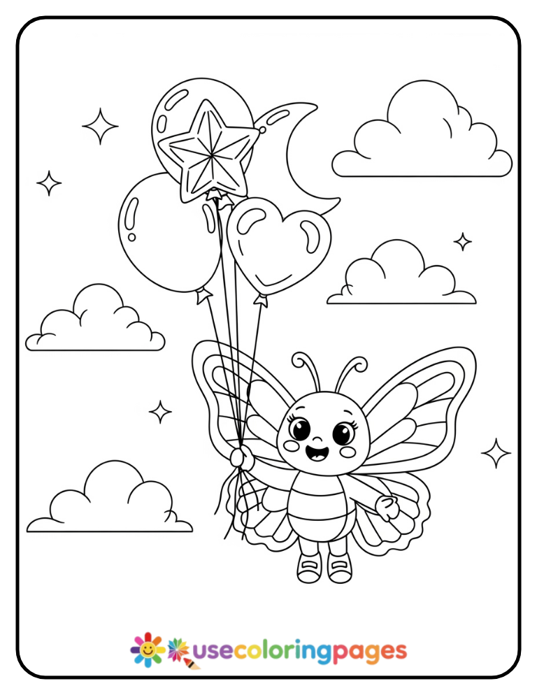 Butterfly Holding Balloons Coloring Page