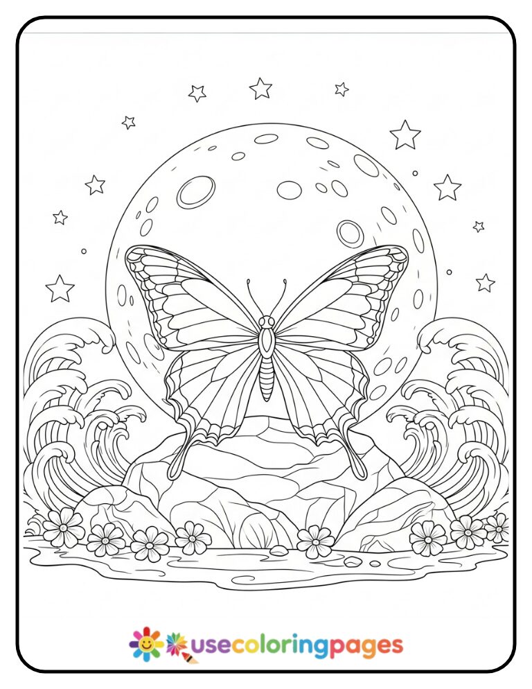 Butterfly Meditating On Moonlit Rock Coloring Page