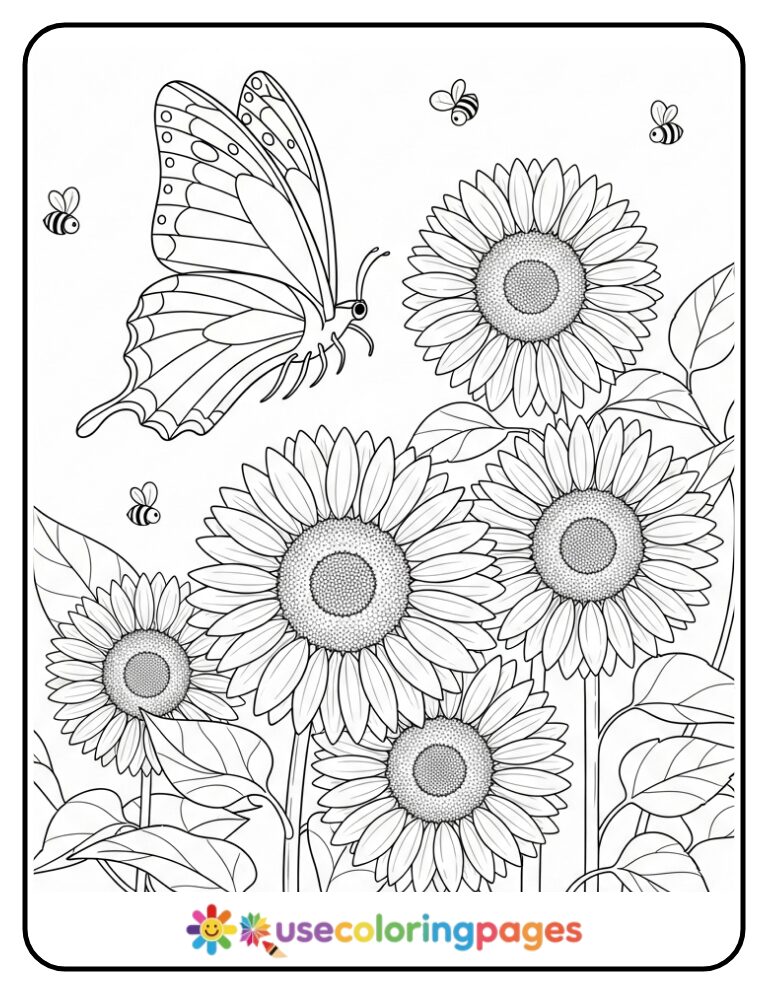 Butterfly Over Sunflower Garden Coloring Page