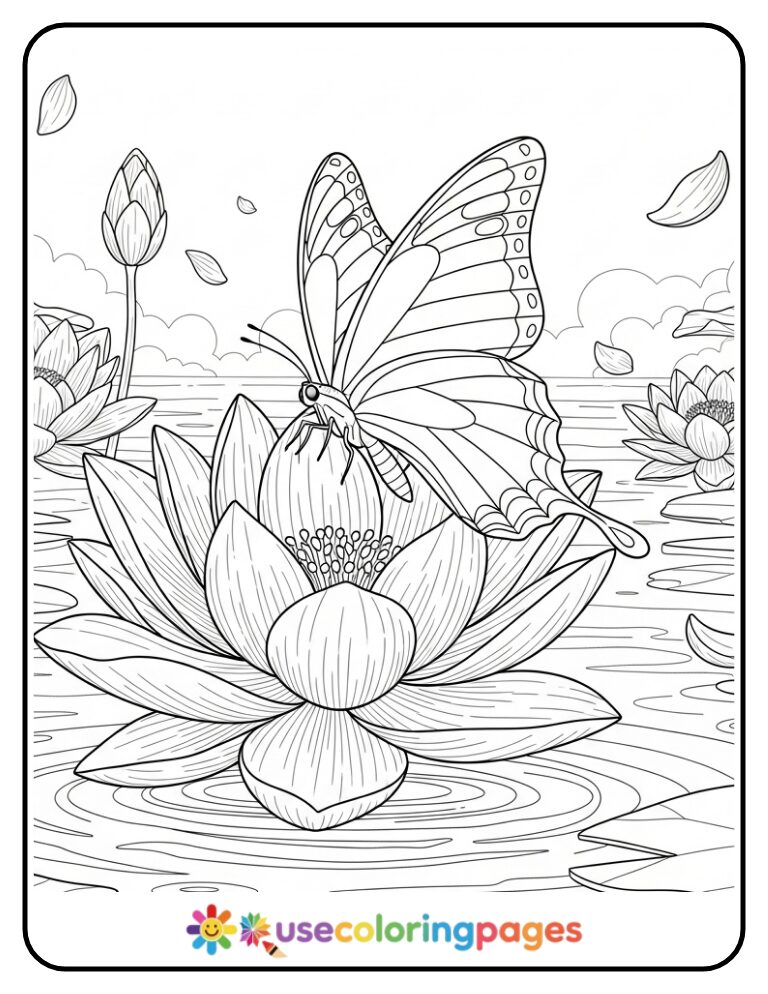 Butterfly Resting On Blooming Lotus Coloring Page