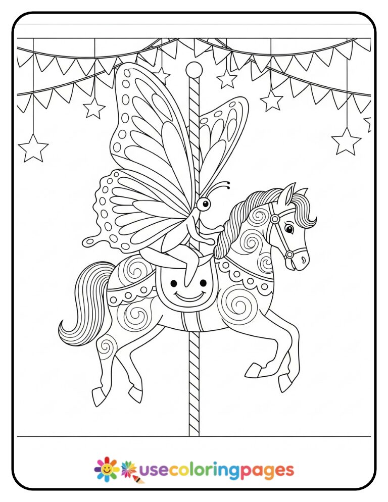 Butterfly Riding a Carousel Horse Coloring Page