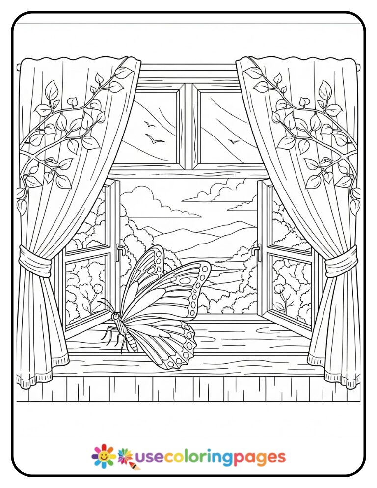 Butterfly Sitting In Open Window Coloring Page