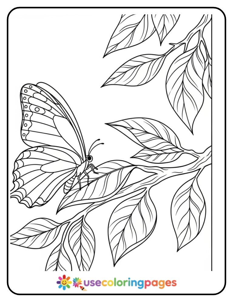 Butterfly Sitting On A Tree Branch Coloring Page