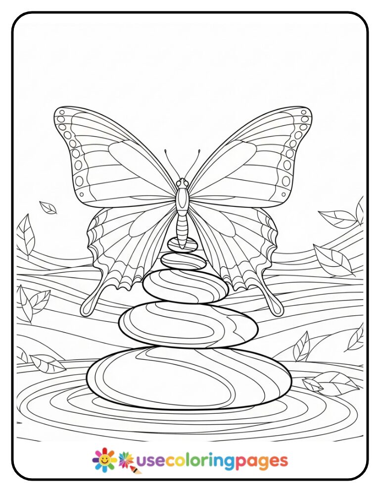 Butterfly Sitting On Zen Garden Stones Coloring Page