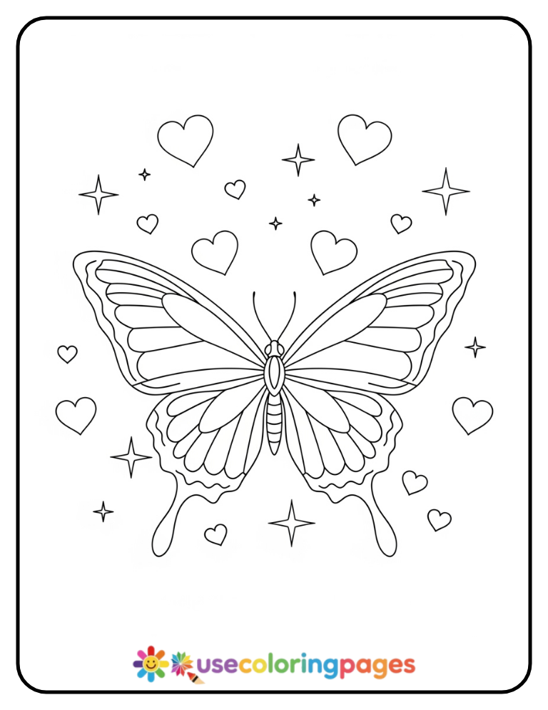 Butterfly Surrounded By Floating Hearts Coloring Page