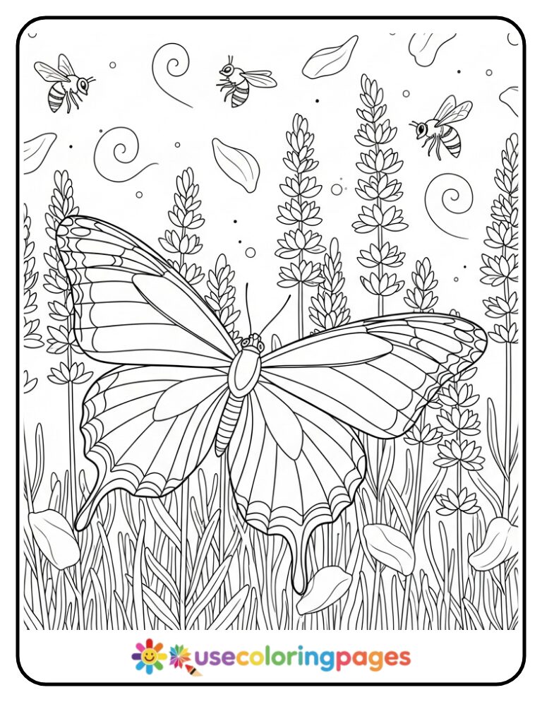 Butterfly Surrounded By Lavender Flowers Coloring Page
