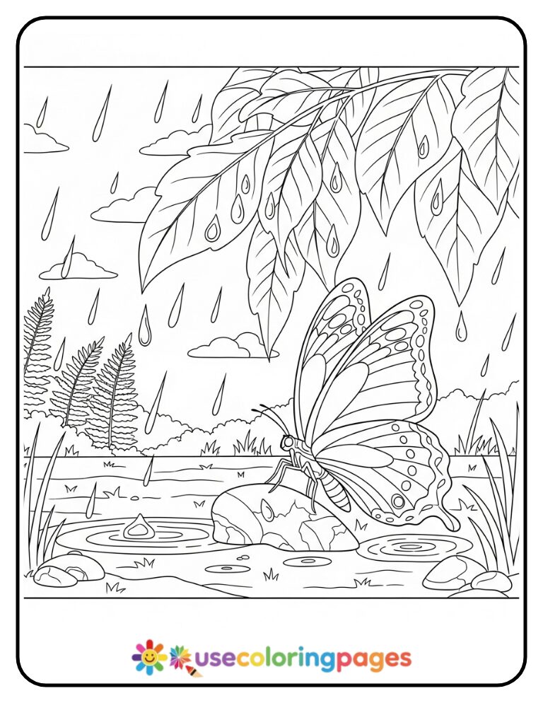 Butterfly Under Rainy Leaves Coloring Page Printable