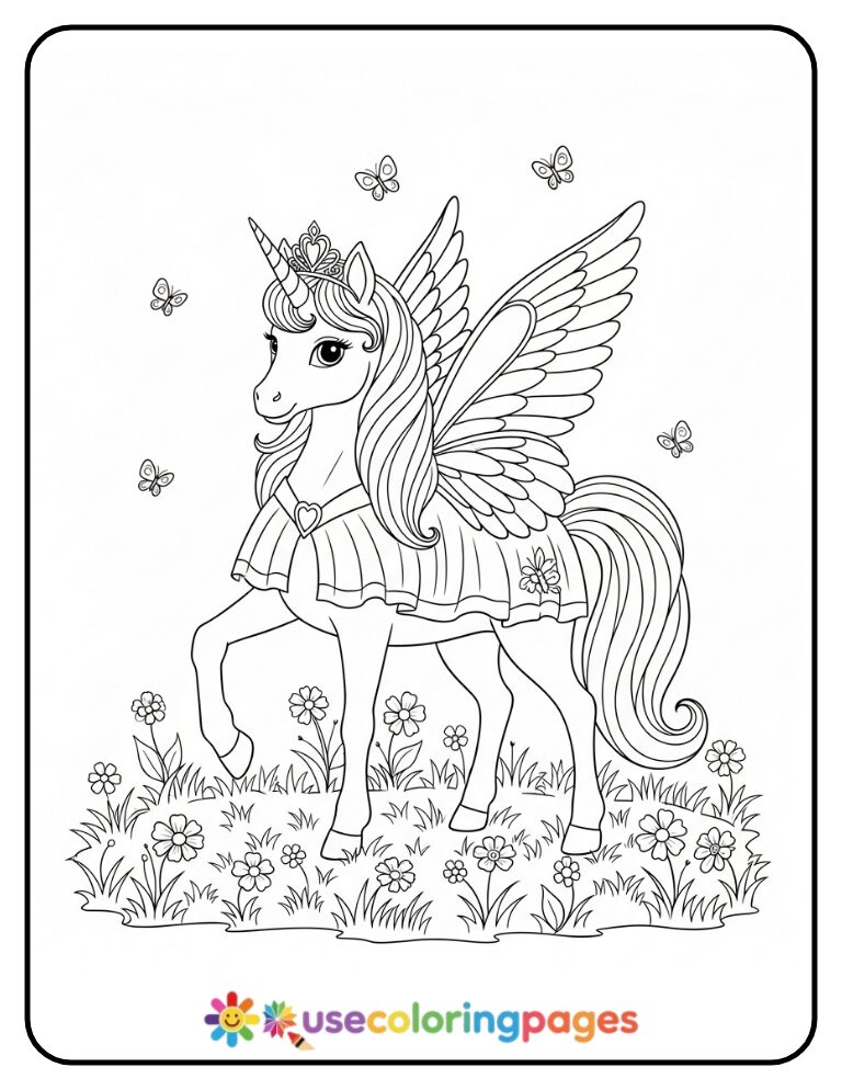Butterfly Unicorn Princess Coloring Page Printable