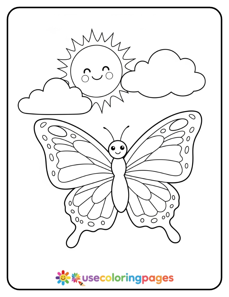 Butterfly With Sun And Cloud Accents Coloring Page