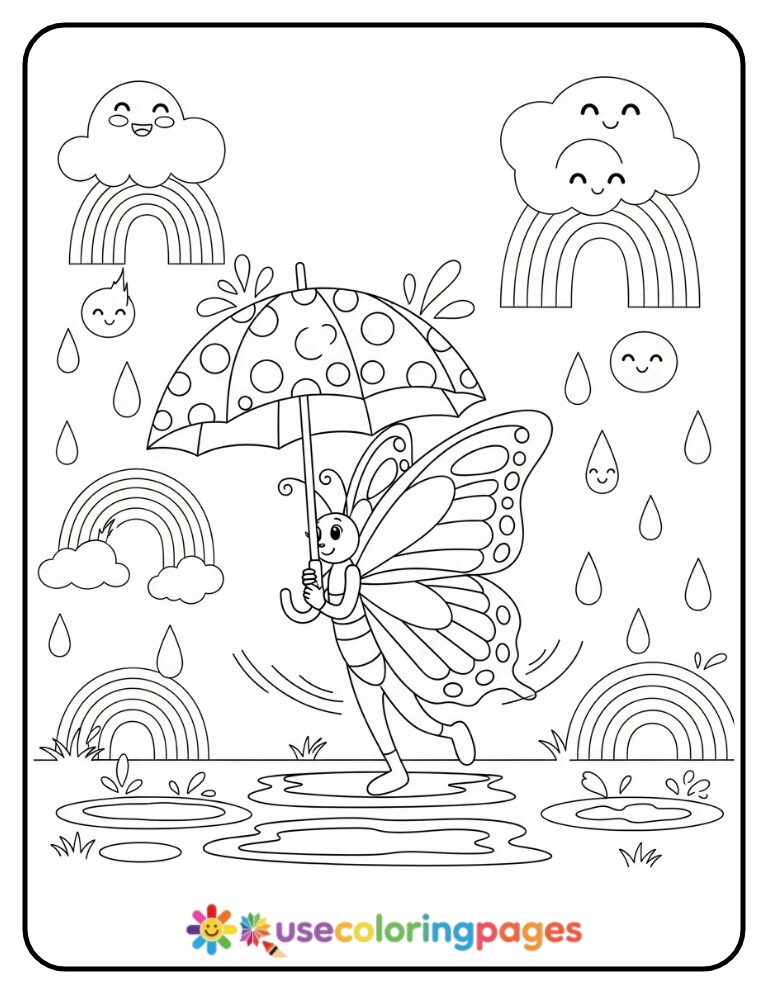 Butterfly With Umbrella In Rainbow Rain Coloring Page