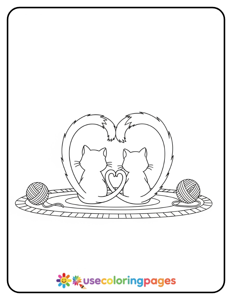 Cat and Kitten with Heart Tails Coloring Page