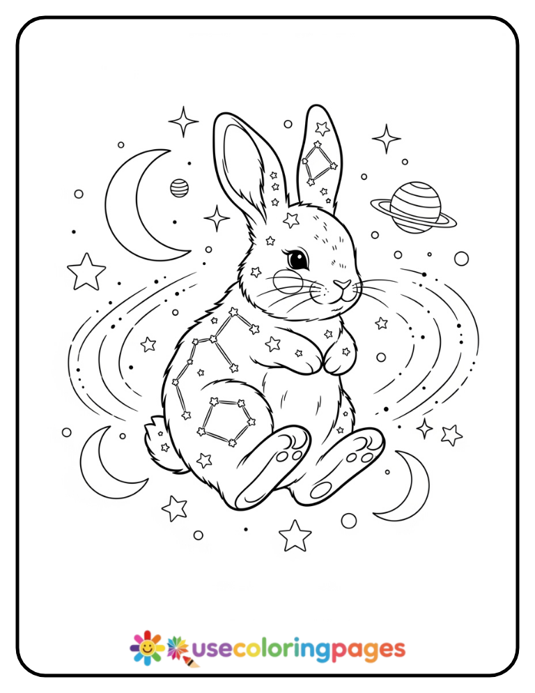 Celestial Bunny with Moon and Stars Coloring Page