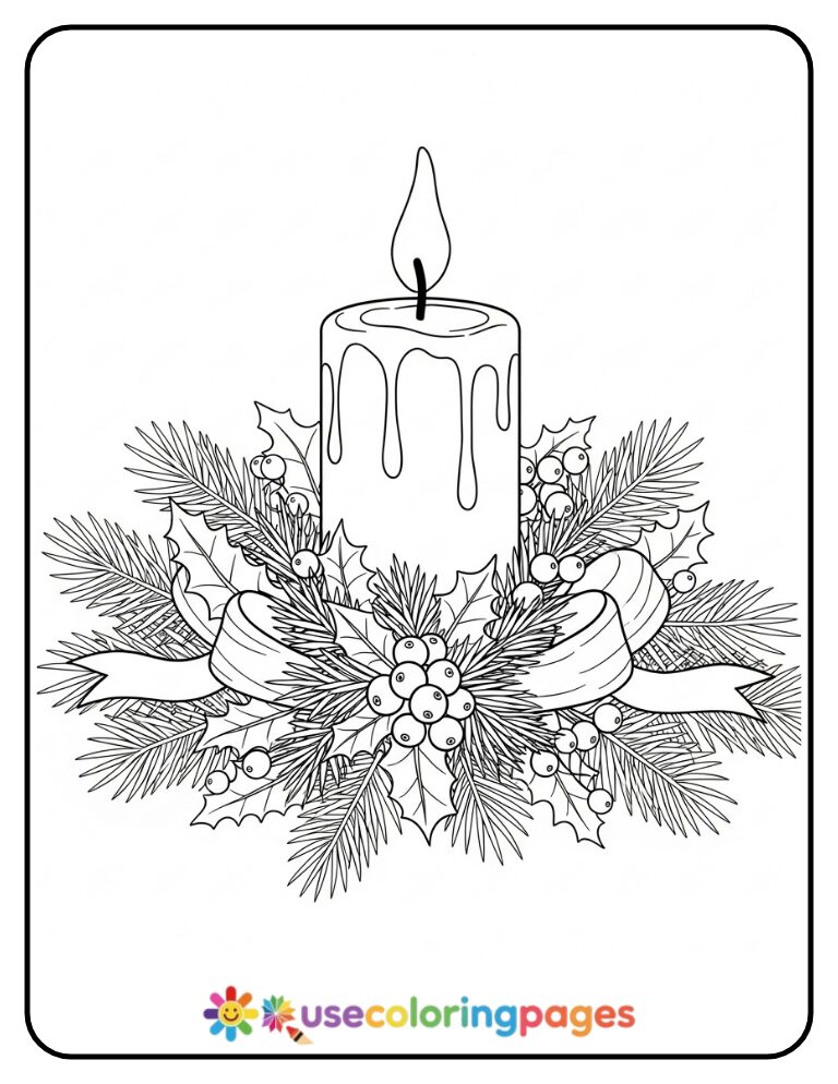 Christmas Candle and Pine Garland Still Life Coloring Page