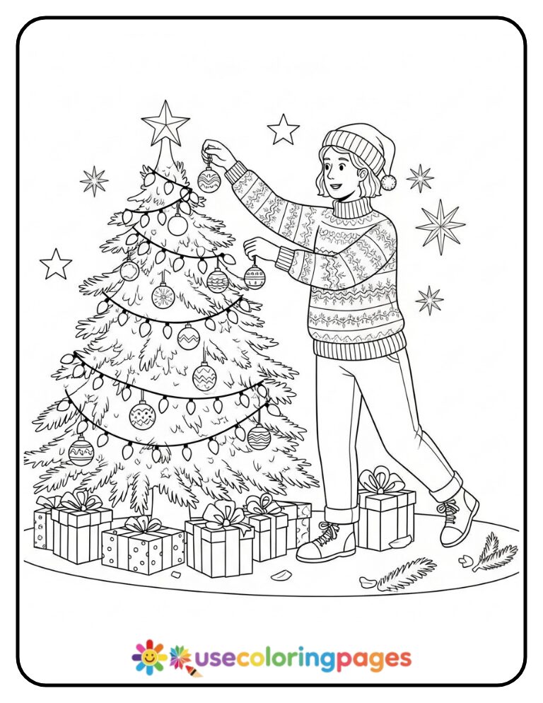 Christmas Tree Decorating Coloring Page Printable