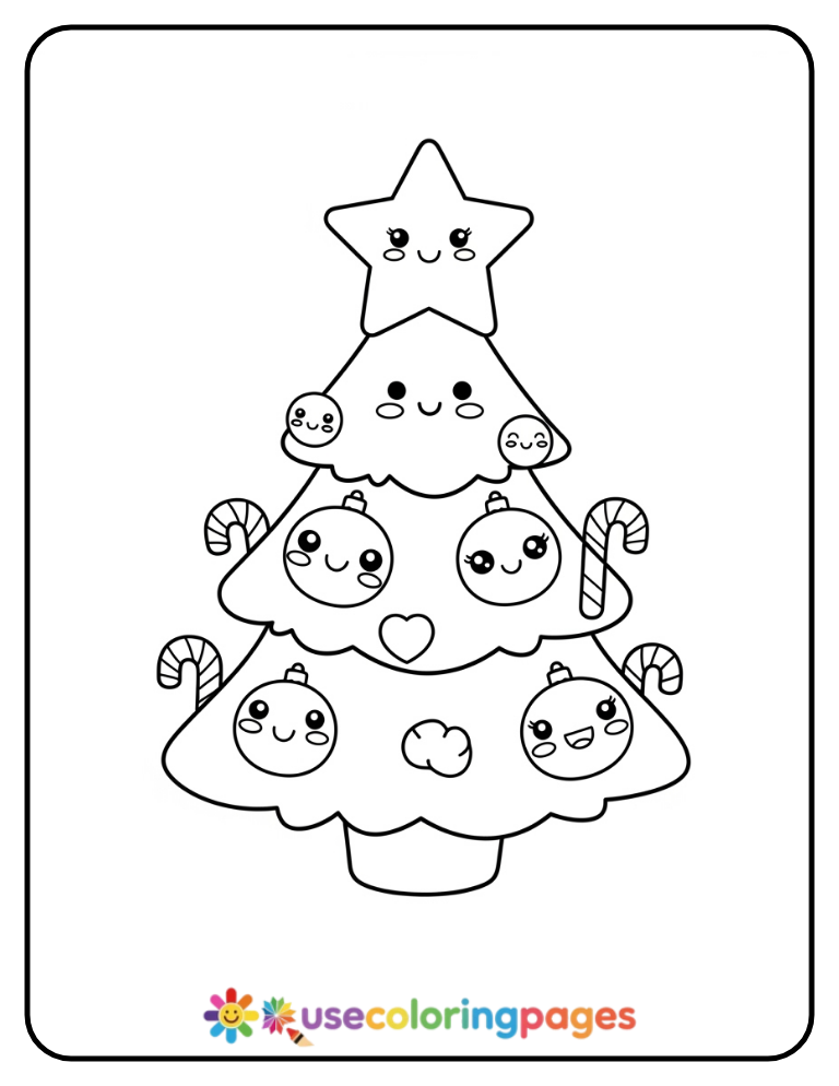 Christmas Tree with Smiling Ornaments Coloring Page