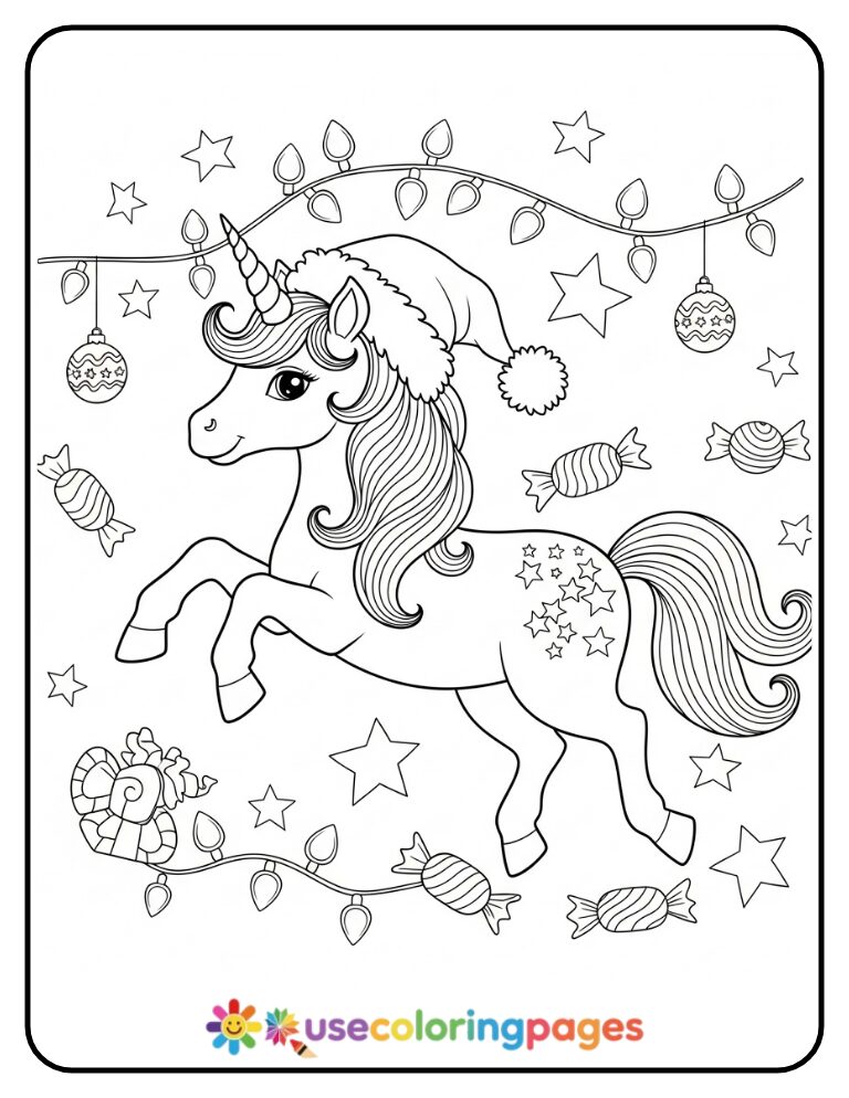 Christmas Unicorn Prancing Through Stars Coloring Page