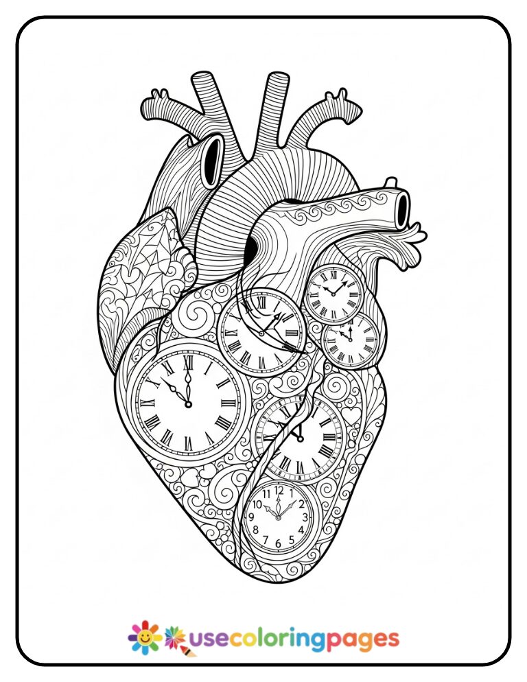 Clockwork Time Heart Coloring Page for Adults