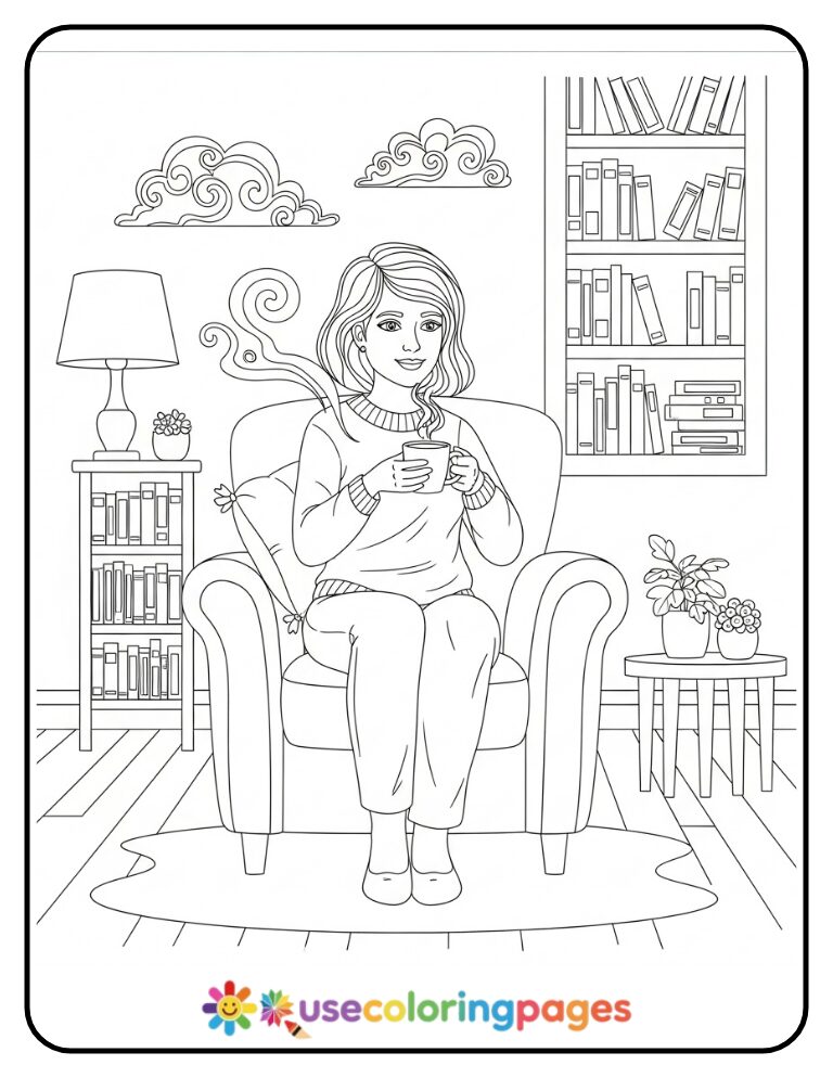 Cozy Coffee Time Coloring Page Printable