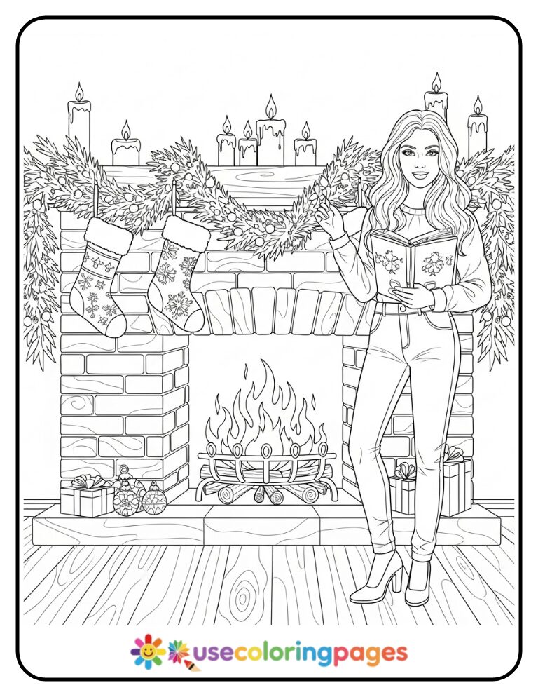 Cozy Fireplace Scene with Stockings Coloring Page