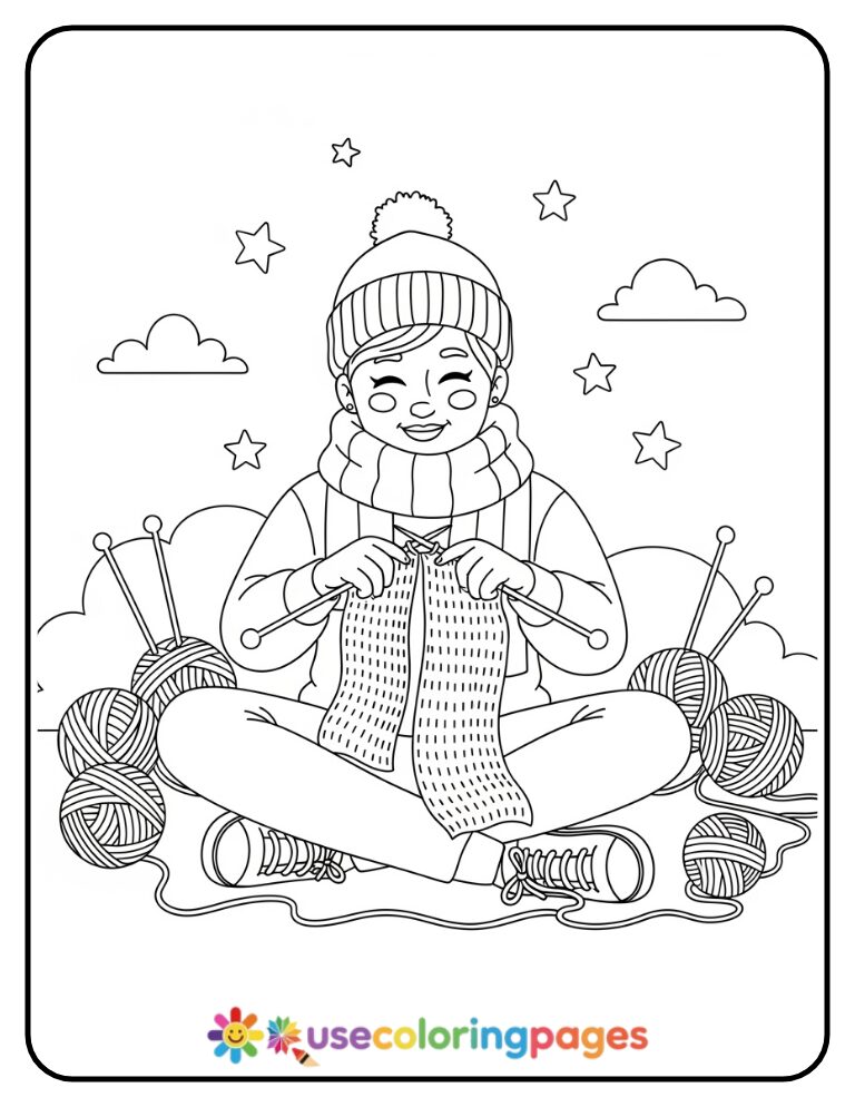 Cozy Knitting Scene Coloring Page Printable