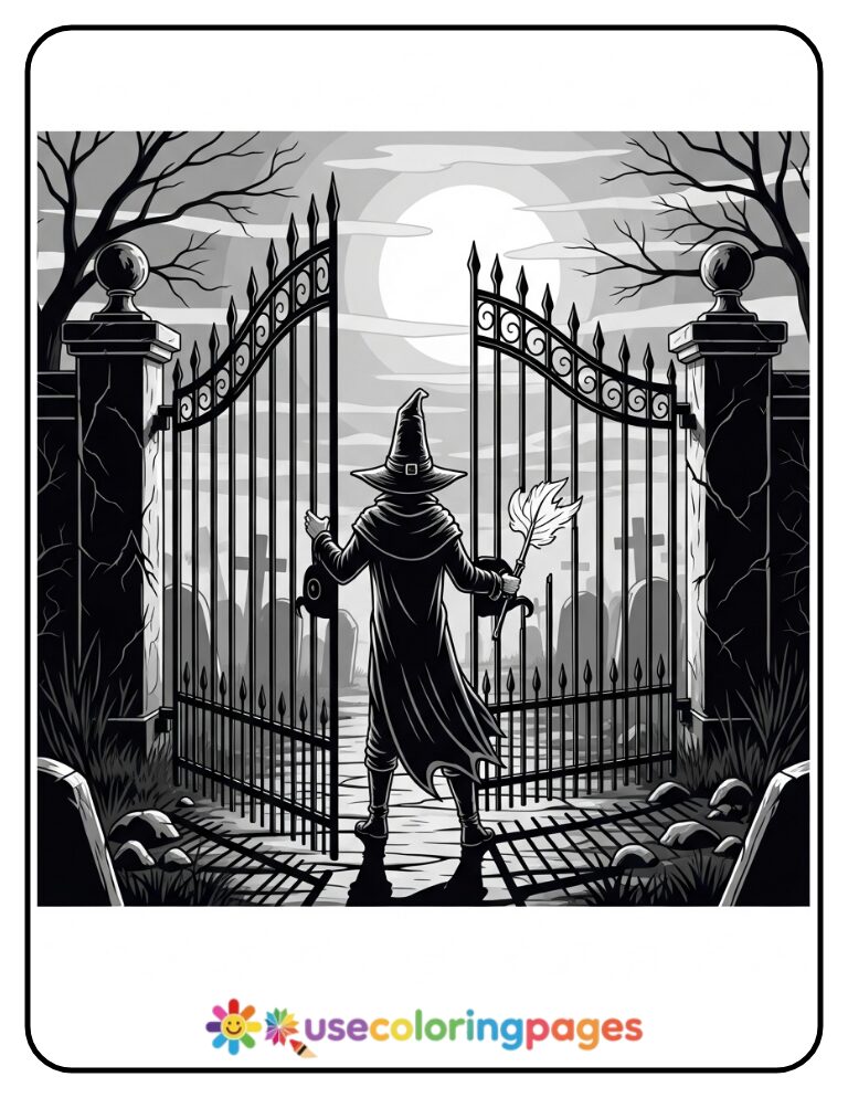 Creepy Graveyard Gate Coloring Page Printable