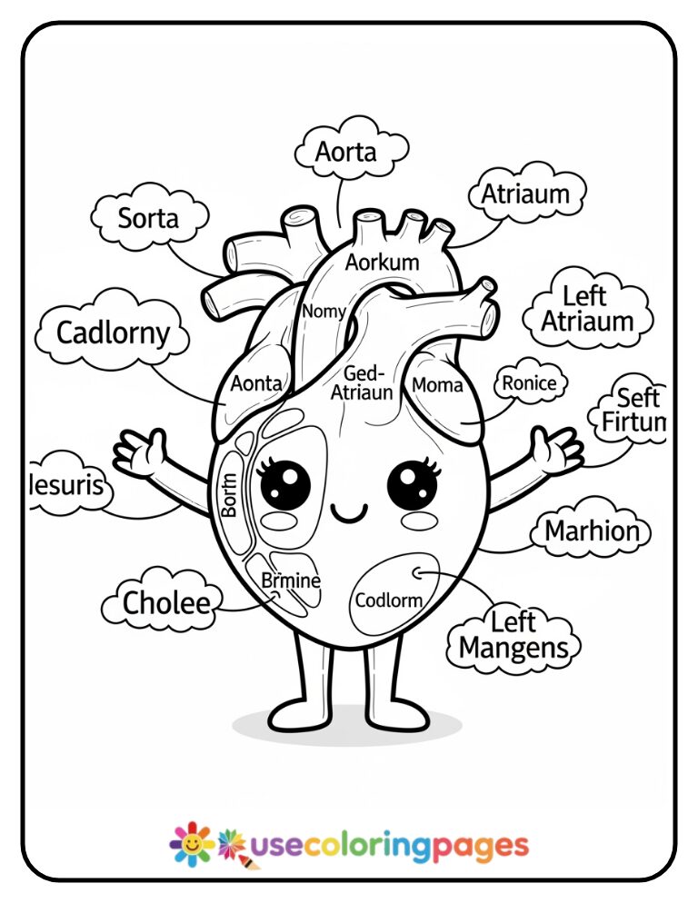 Cute Heart With Anatomy Labels Coloring Page Printable