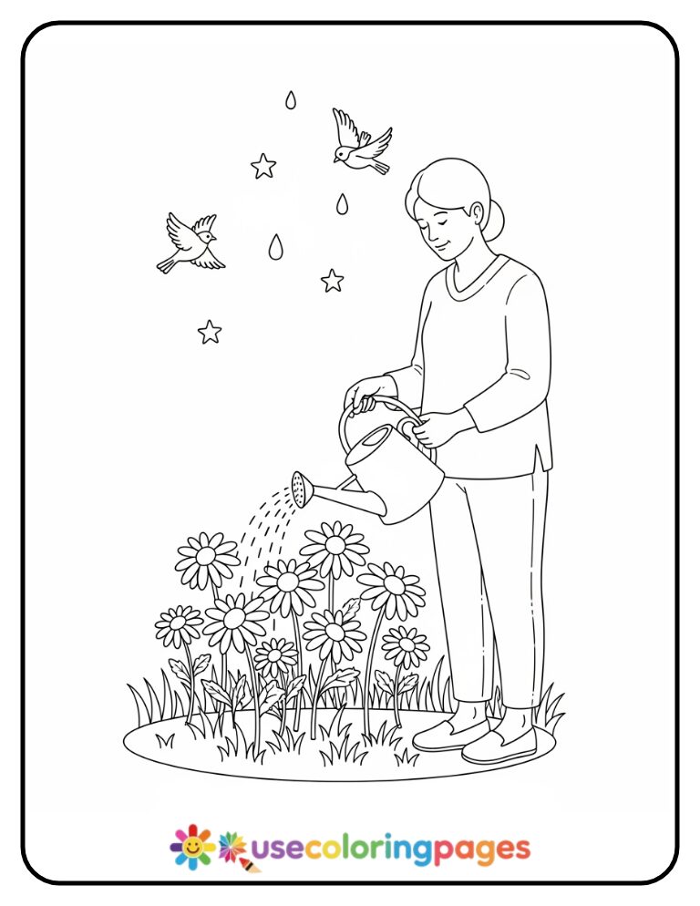 Daisy Watering Coloring Page Printable