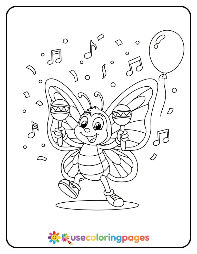 Dancing Butterfly With Maracas Coloring Page For Kids