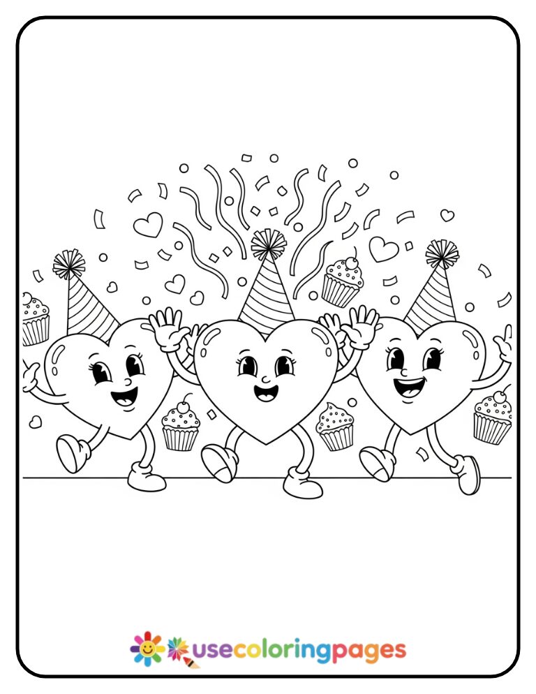 Dancing Hearts Party Coloring Page For Kids