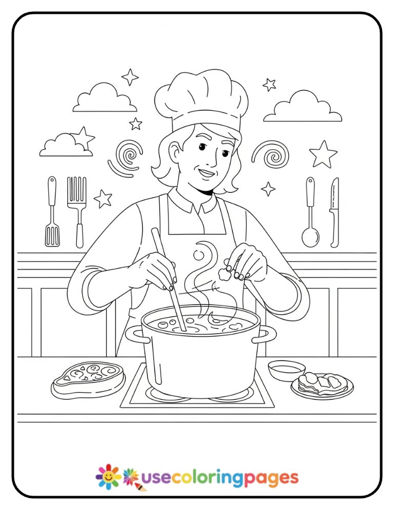 Delightful Cooking Scene Coloring Page Printable