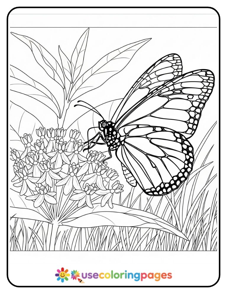 Detailed Monarch Butterfly On Milkweed Coloring Page