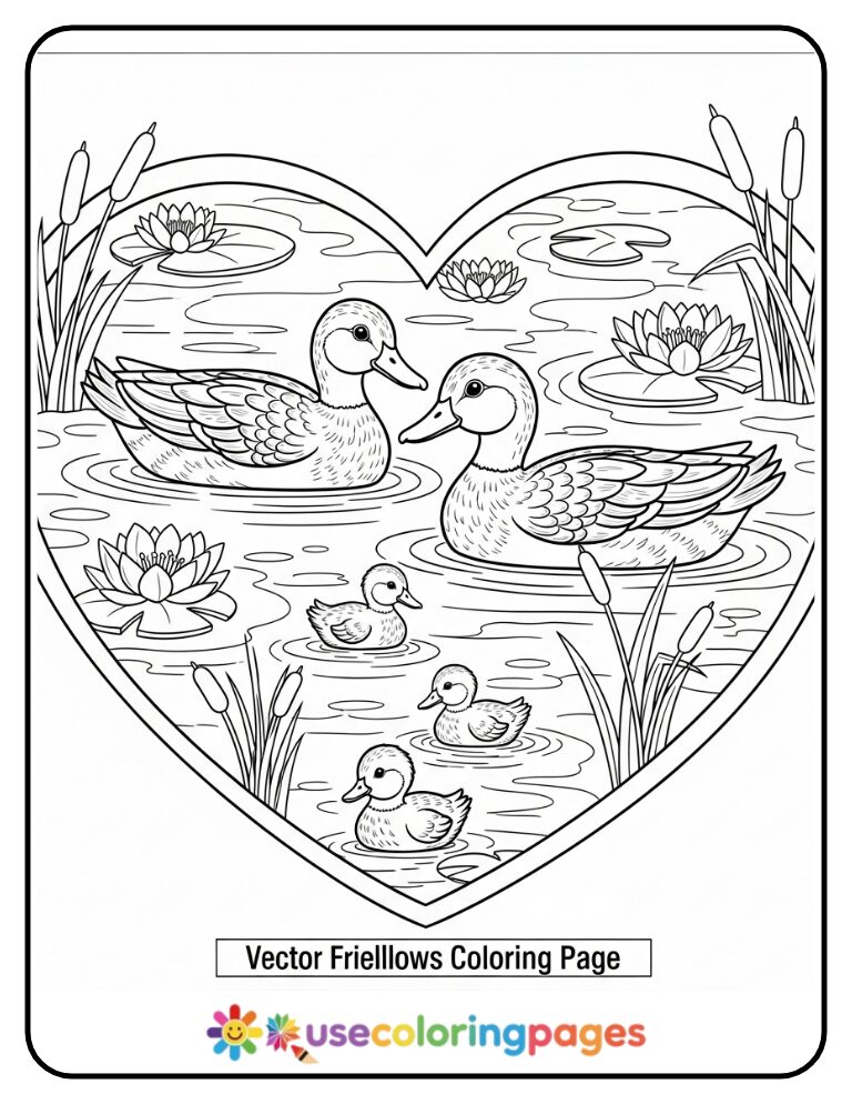 Duck Family Floating in Heart Pond Coloring Page
