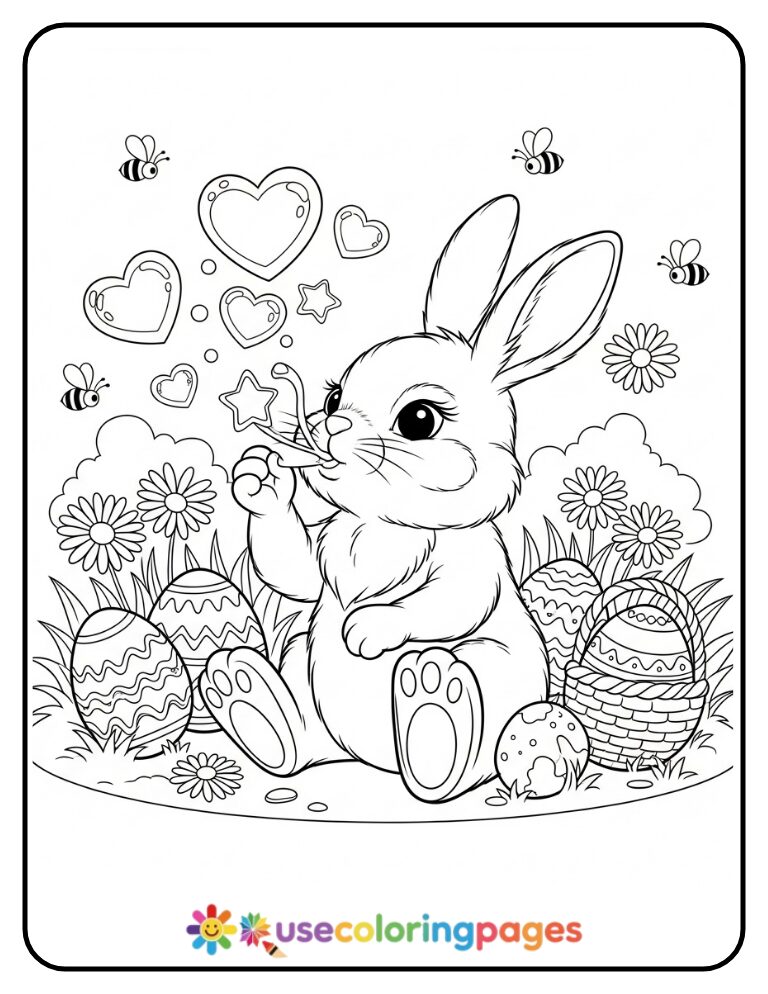 Easter Bunny Blowing Bubbles in the Garden Coloring Page