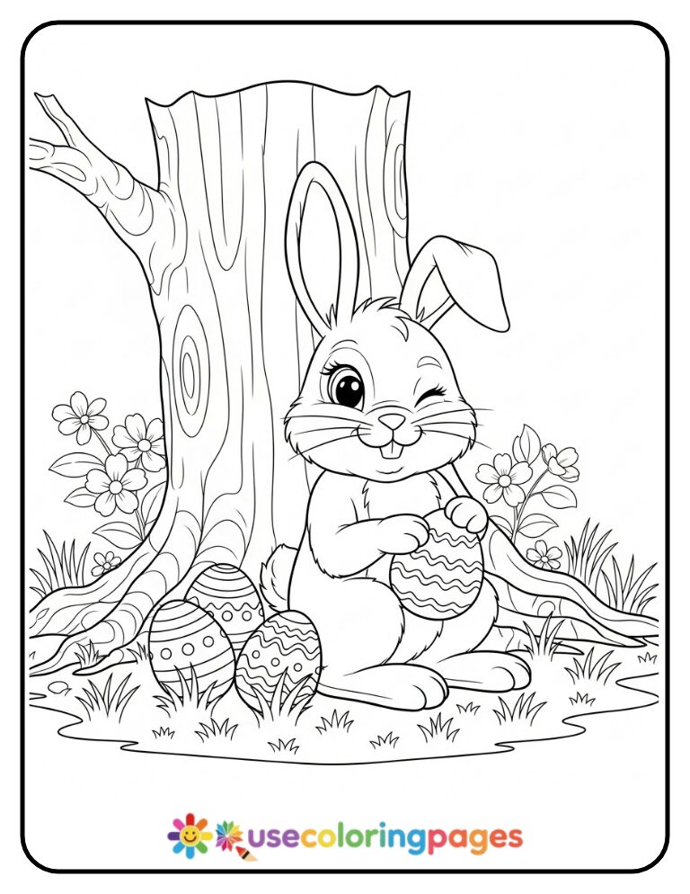 Easter Bunny Hiding Eggs Behind a Tree Coloring Page
