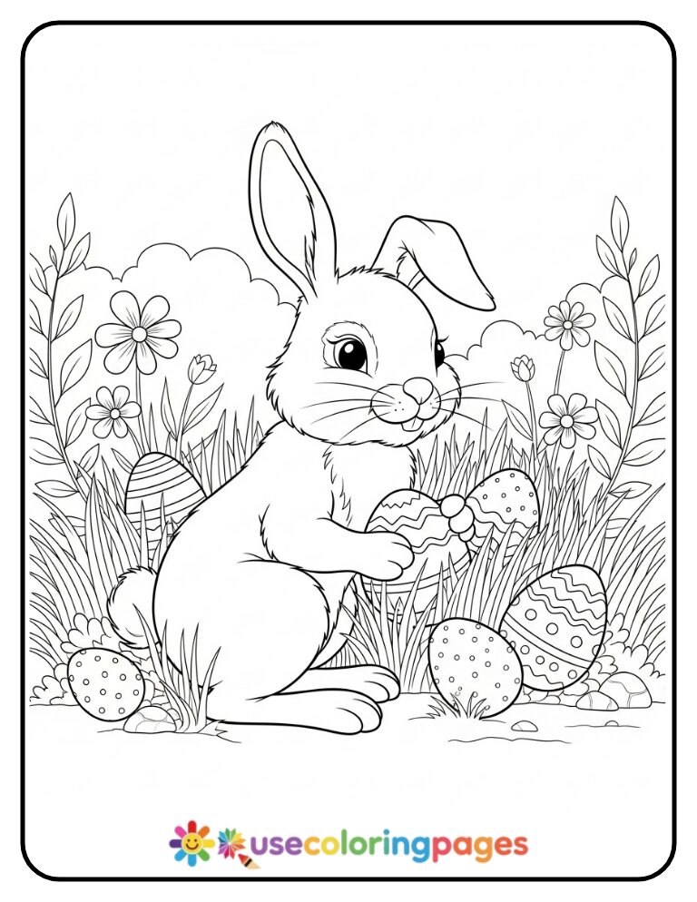 Easter Bunny Hiding Eggs in the Garden Coloring Page