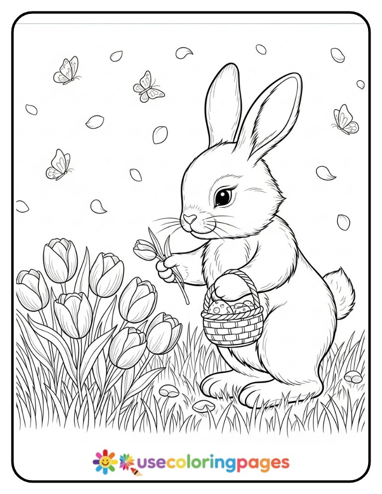 Easter Bunny Picking Tulips Coloring Page