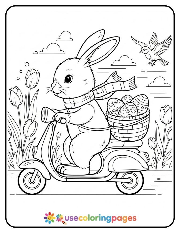 Easter Bunny Riding a Scooter with Eggs Coloring Page