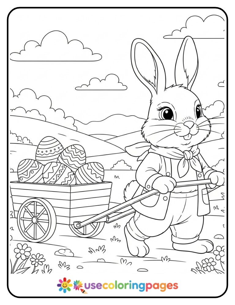 Easter Bunny Riding a Wagon Full of Eggs Coloring Page
