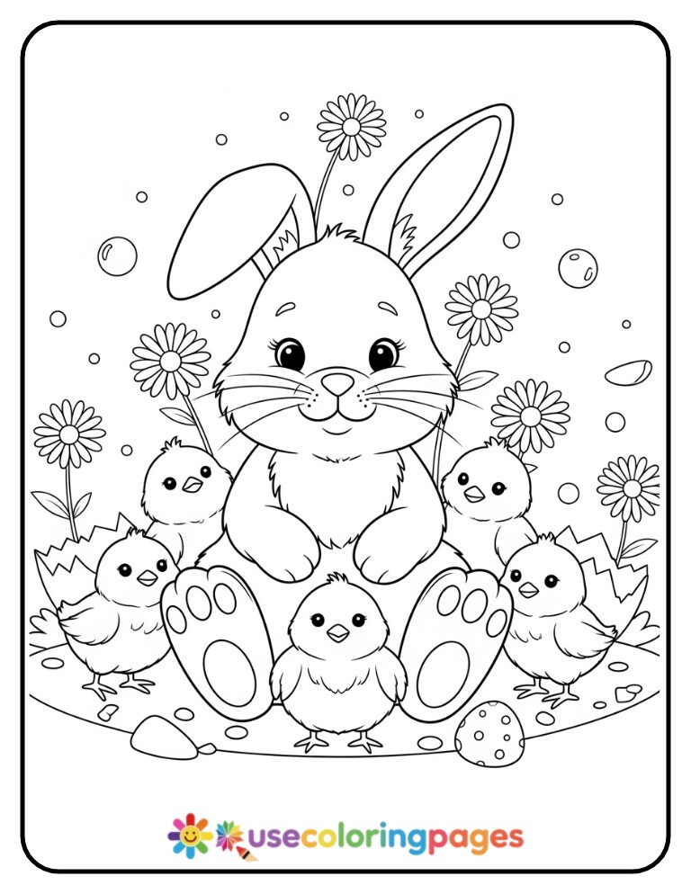 Easter Bunny Surrounded by Chicks Coloring Page