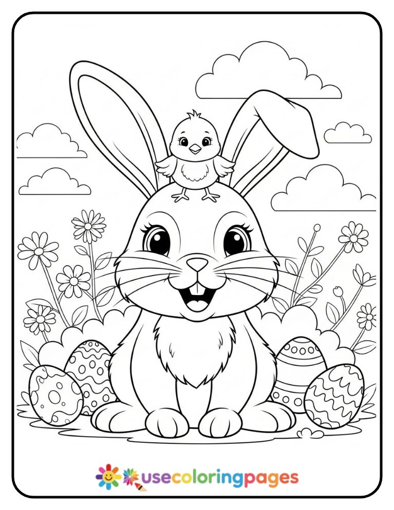 Easter Bunny with a Chick on Its Head Coloring Page