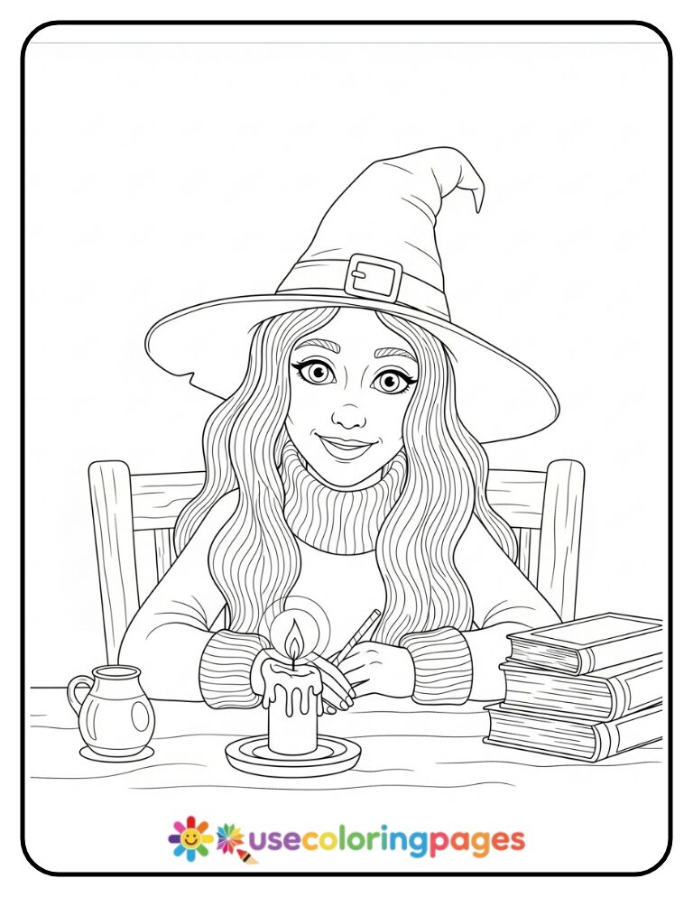 Easy Candlelight Witch Scene Coloring Page Printable