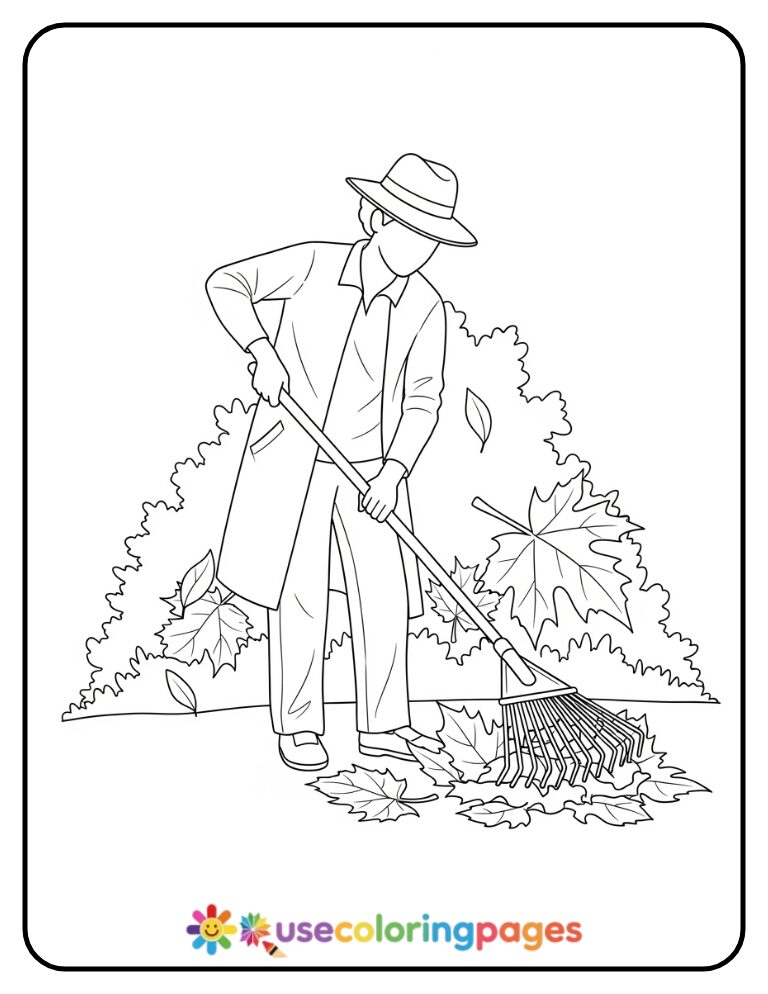 Easy Leaf Raking Coloring Page Printable