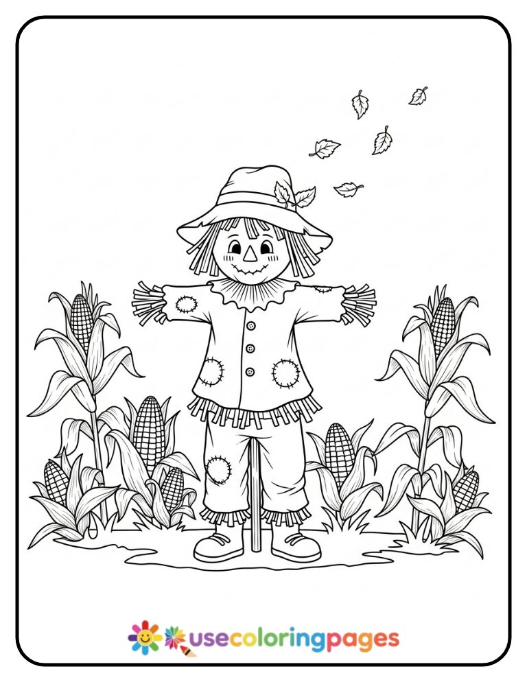Easy Scarecrow Amidst Cornstalks Coloring Page Printable