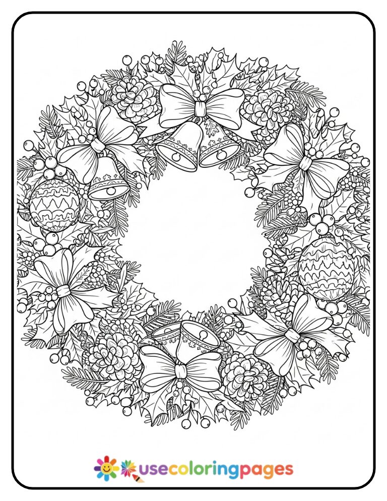 Elegant Christmas Wreath with Ornaments Coloring Page