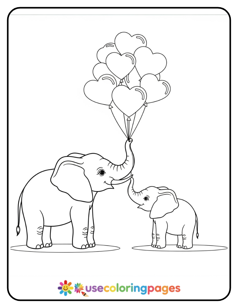 Elephant Family with Heart Balloons Coloring Page