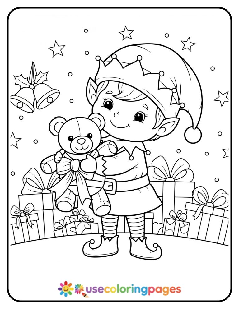  Elf Hugging a Teddy Bear Gift Coloring Page