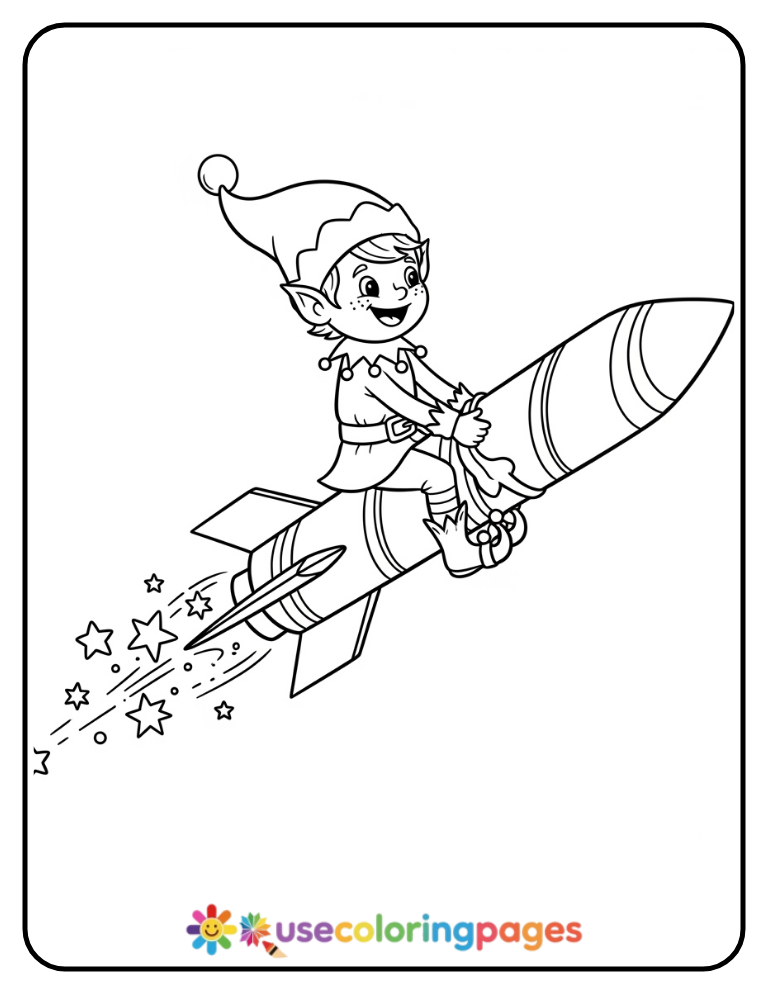 Elf Riding a Candy Cane Rocket Coloring Page