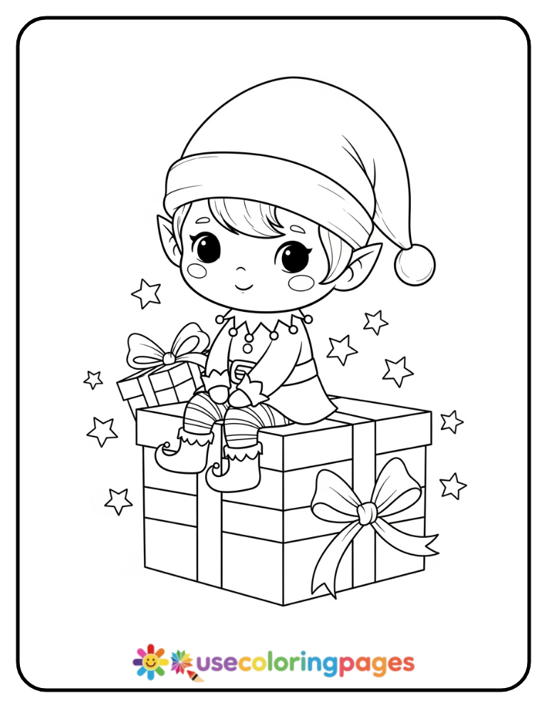 Elf Sitting on a Present Coloring Page